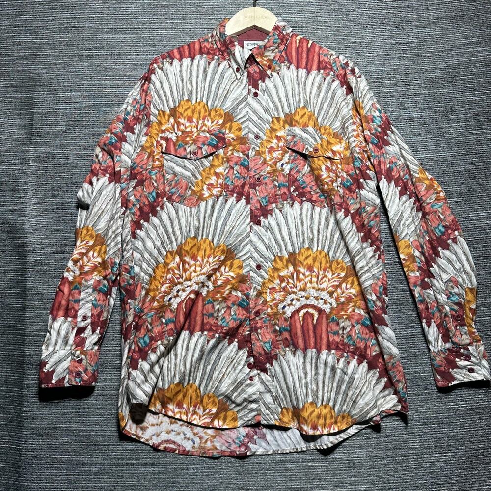 Roper Shirt Men's Large Red Floral Western Rdeo Long Sleeve Button Up Vintage - Picture 4 of 14